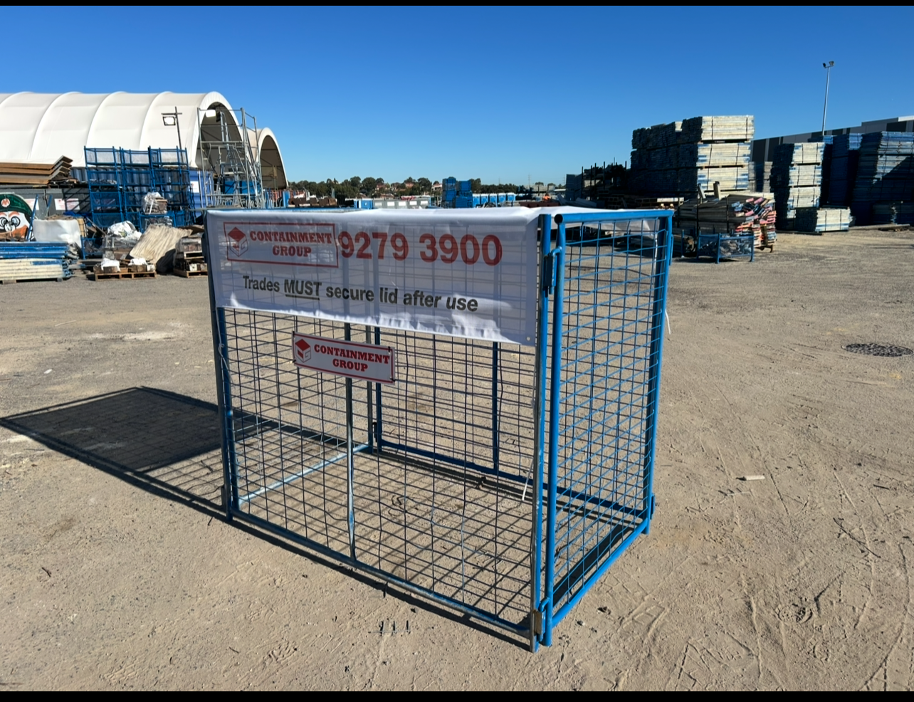 Containment Group blue mesh containment cage with branded lid signage