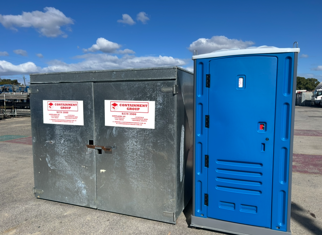 Containment Group cement shed and blue chemical site toilet at the Bibra Lake yard